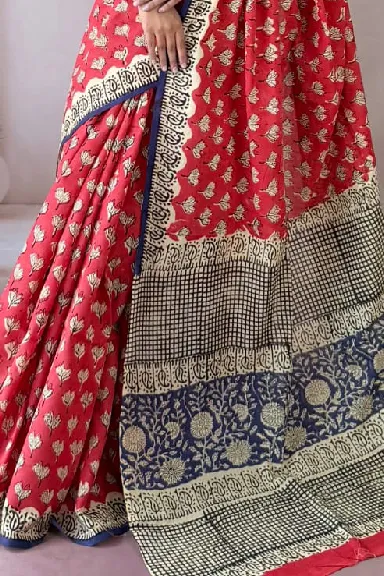 Red Pure Cotton Saree — view 2