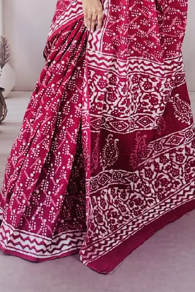 Maroon Hand Block Printed Pure Cotton Saree — view 2