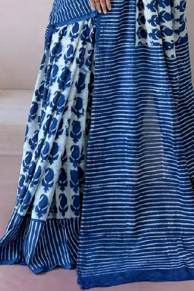 Blues Hand Block Printed Pure Cotton Saree — view 2