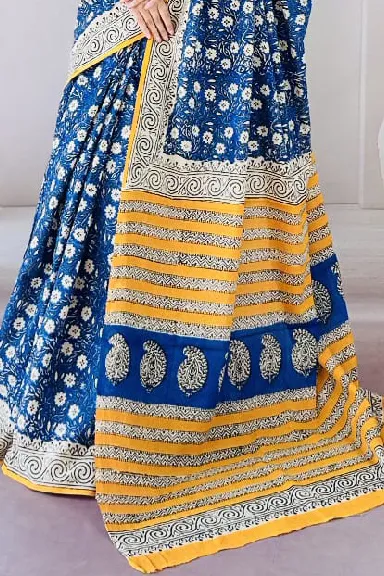 Indigo Hand Block Printed Pure Cotton Saree — view 2