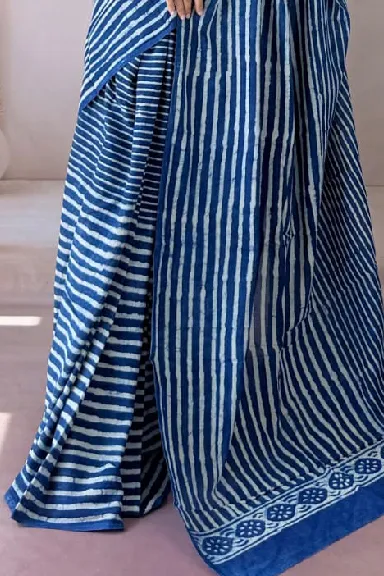 Stripe Hand Block Printed Pure Cotton Saree — view 2