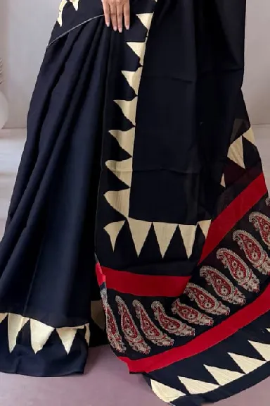 Black Hand Block Printed Pure Cotton Saree — view 2