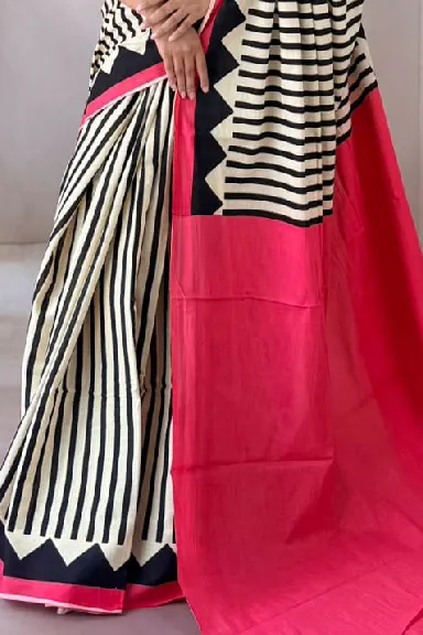 Linear Hand Block Printed Pure Cotton Saree — view 2