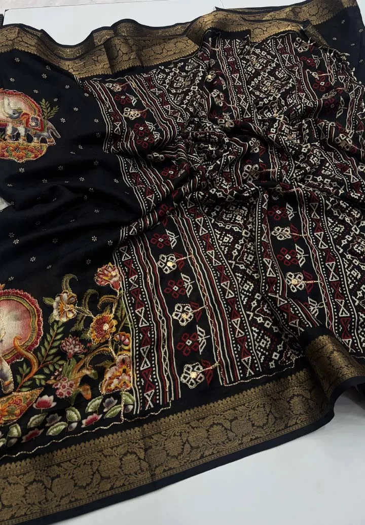 Pure Ajrakh Satin Viscose Silk Saree — view 3