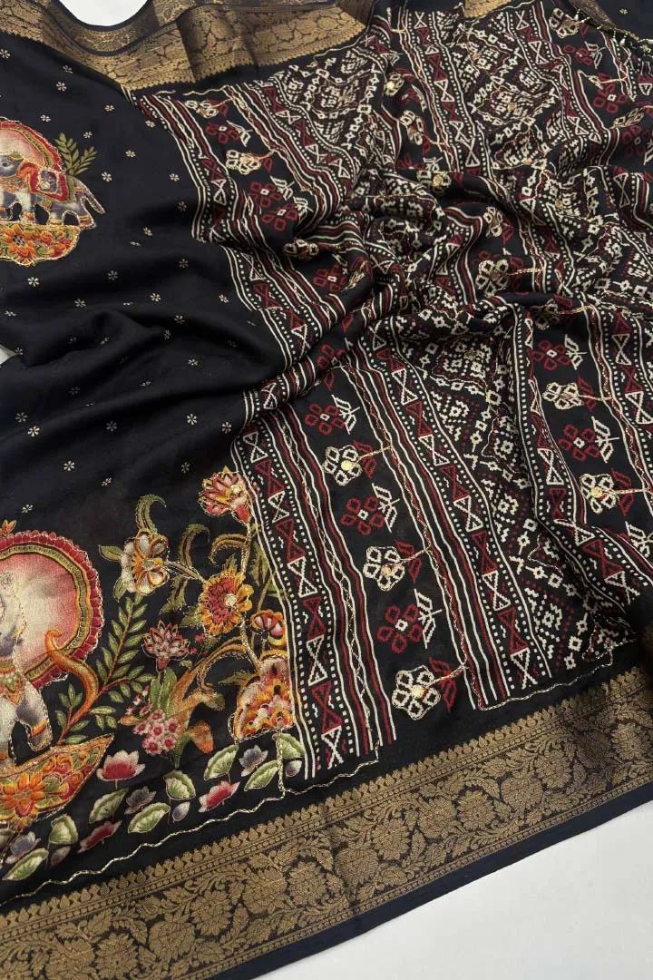 Pure Ajrakh Satin Viscose Silk Saree — view 2