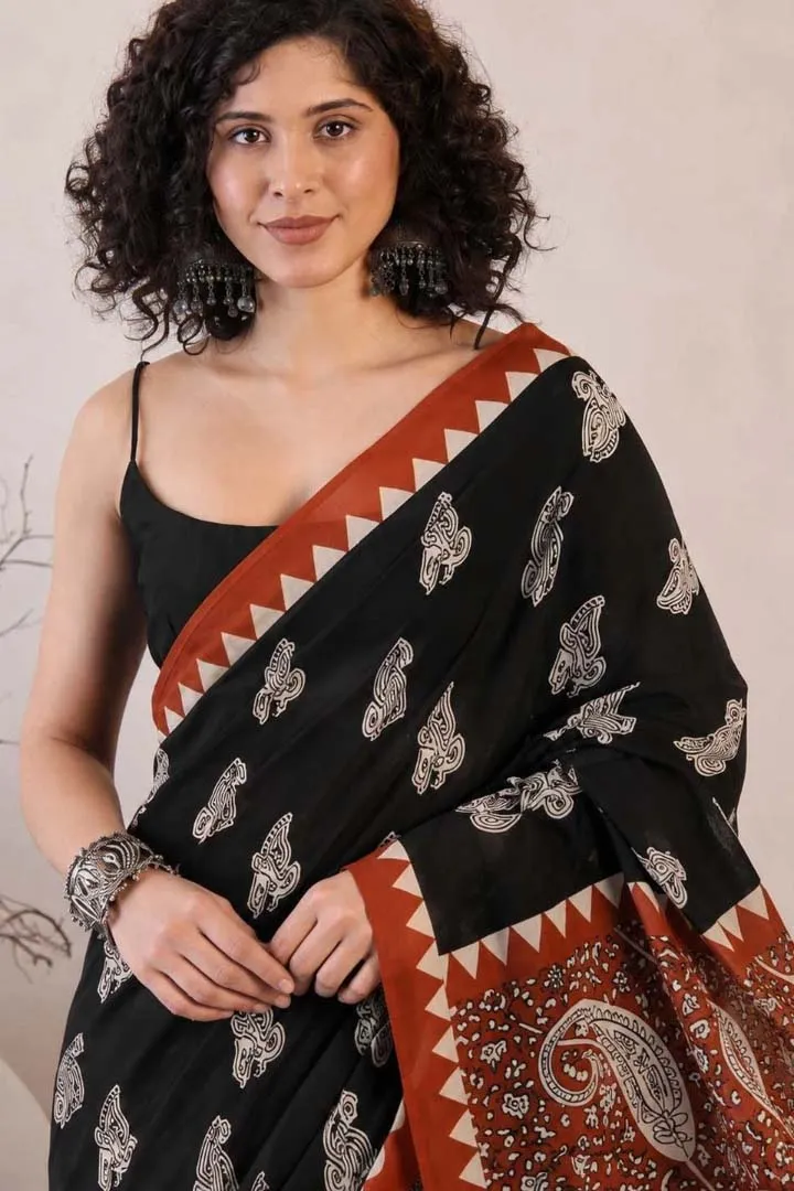 Pure Soft Cotton Bagru Hand Block Printed Saree — view 2