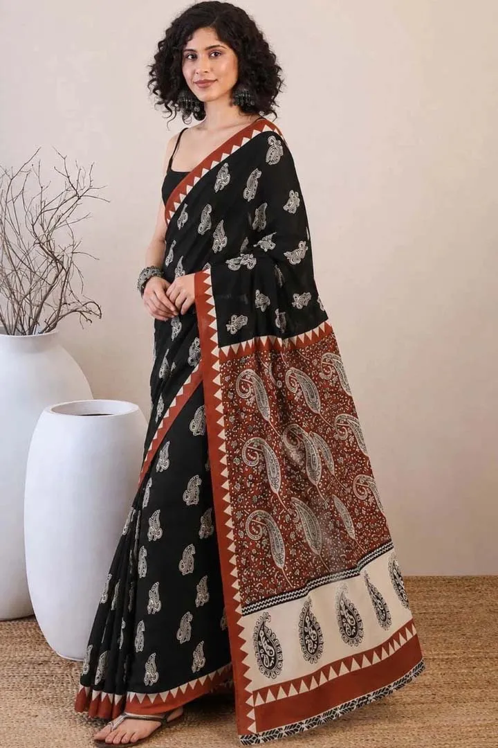 Pure Soft Cotton Bagru Hand Block Printed Saree — view 3