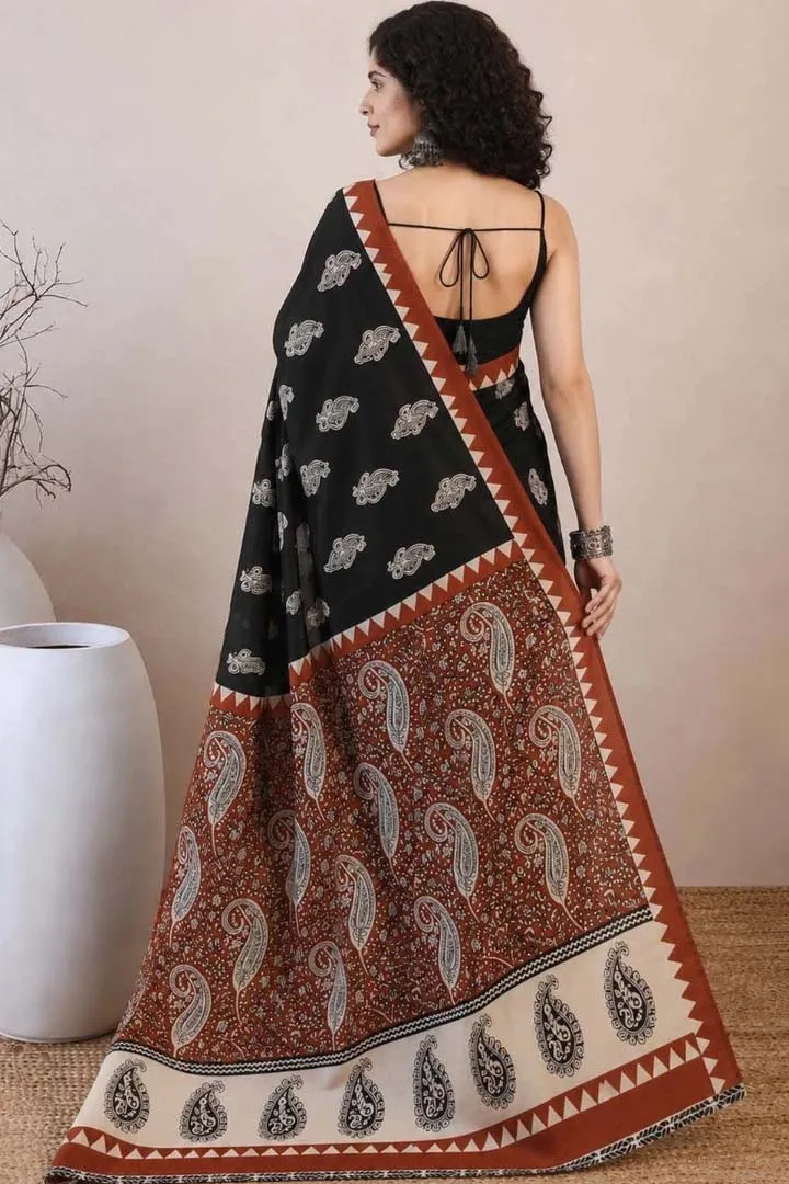 Pure Soft Cotton Bagru Hand Block Printed Saree — view 4